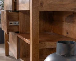 Meuble sous vasque en manguier foncé 120 cm avec niches et tiroirs 