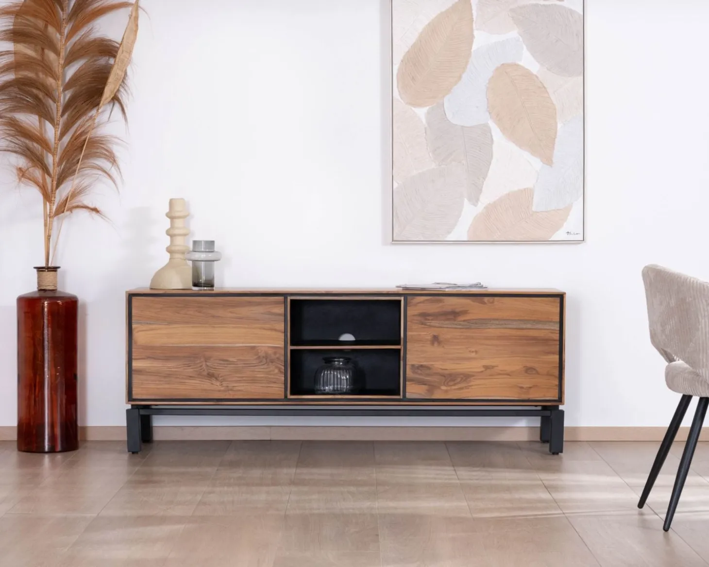 Meuble télé 175 cm bicolore contemporain "Olonie" en teck naturel et métal