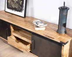 Meuble TV 180 cm à portes coulissantes métal et bois 