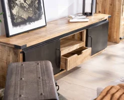 Meuble TV 160 cm porte coulissante métal et bois 