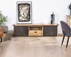 Meuble TV 160 cm porte coulissante métal et bois 