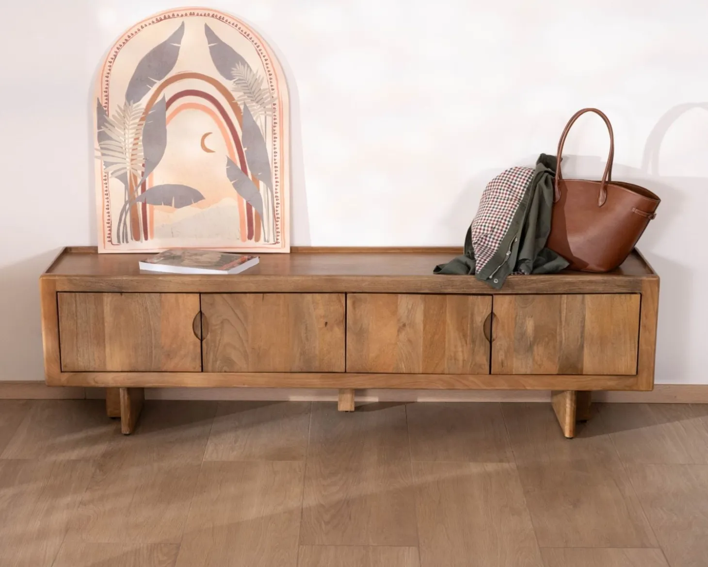 Meuble TV bas 180 cm en manguier naturel "Odely" 4 portes