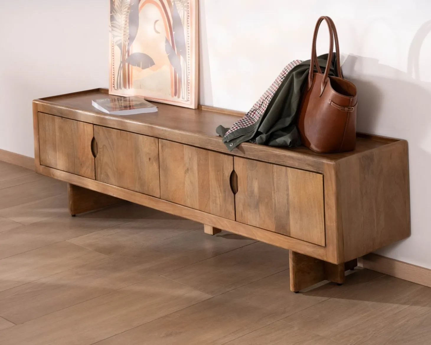 Meuble TV bas 180 cm en manguier naturel "Odely" 4 portes