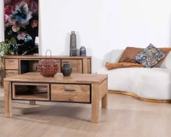 Meuble TV 180cm acacia massif avec niche éclairage LED et étagère verre 