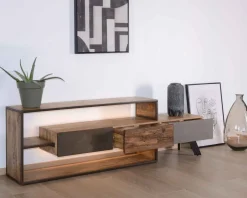 Meuble TV contemporain multi matériaux avec éclairage LED 