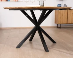 Table à manger ronde en teck recyclé et pieds mikado 