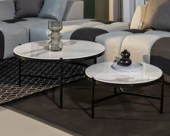 Table basse blanche et noire, céramique et alu, diam.80 