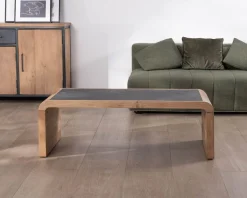 Table basse design retro avec plateau placage pierre 