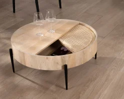 Table basse ronde avec plateau pivotant en cannage 