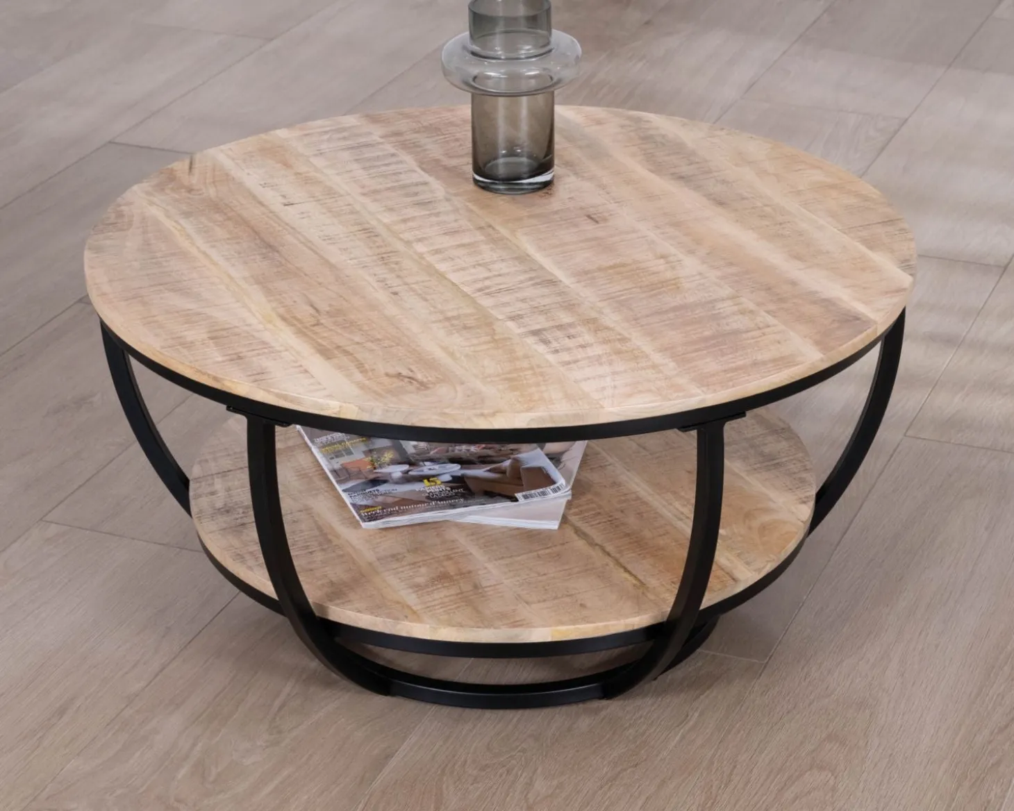 Table basse ronde double plateau en manguier massif et structure métal noir "Loopie"