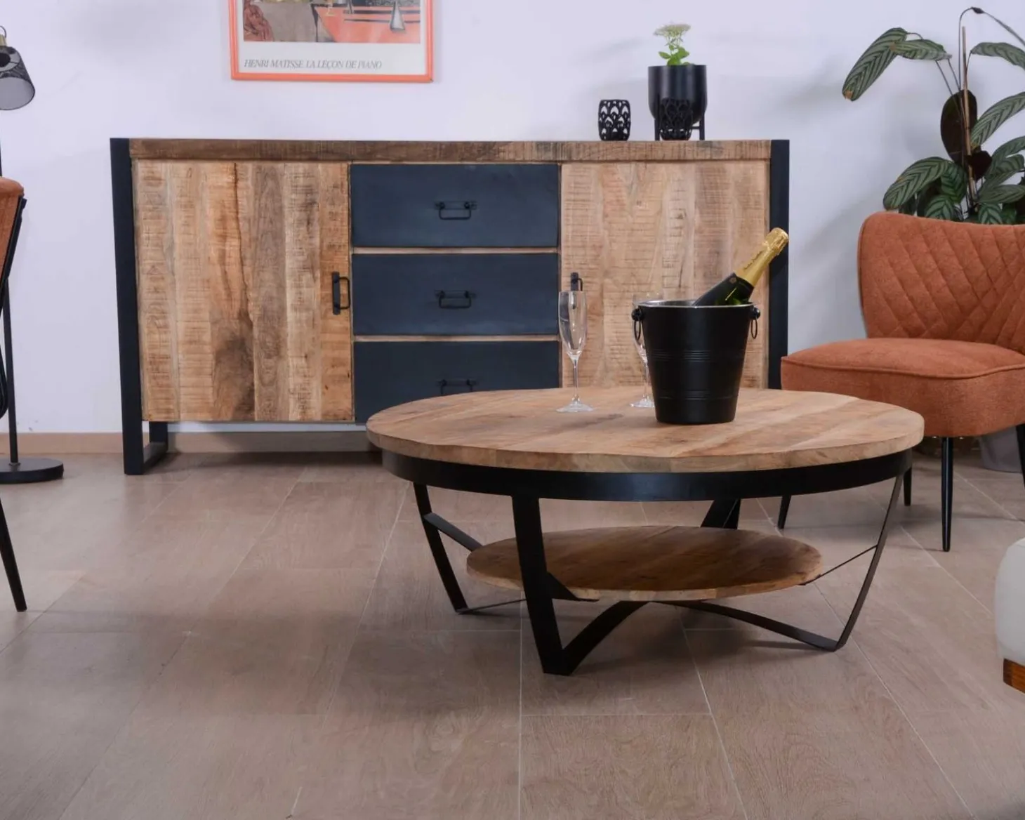Table basse ronde en manguier massif et métal "Andy" diam. 90cm