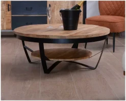 Table basse ronde en manguier massif et métal