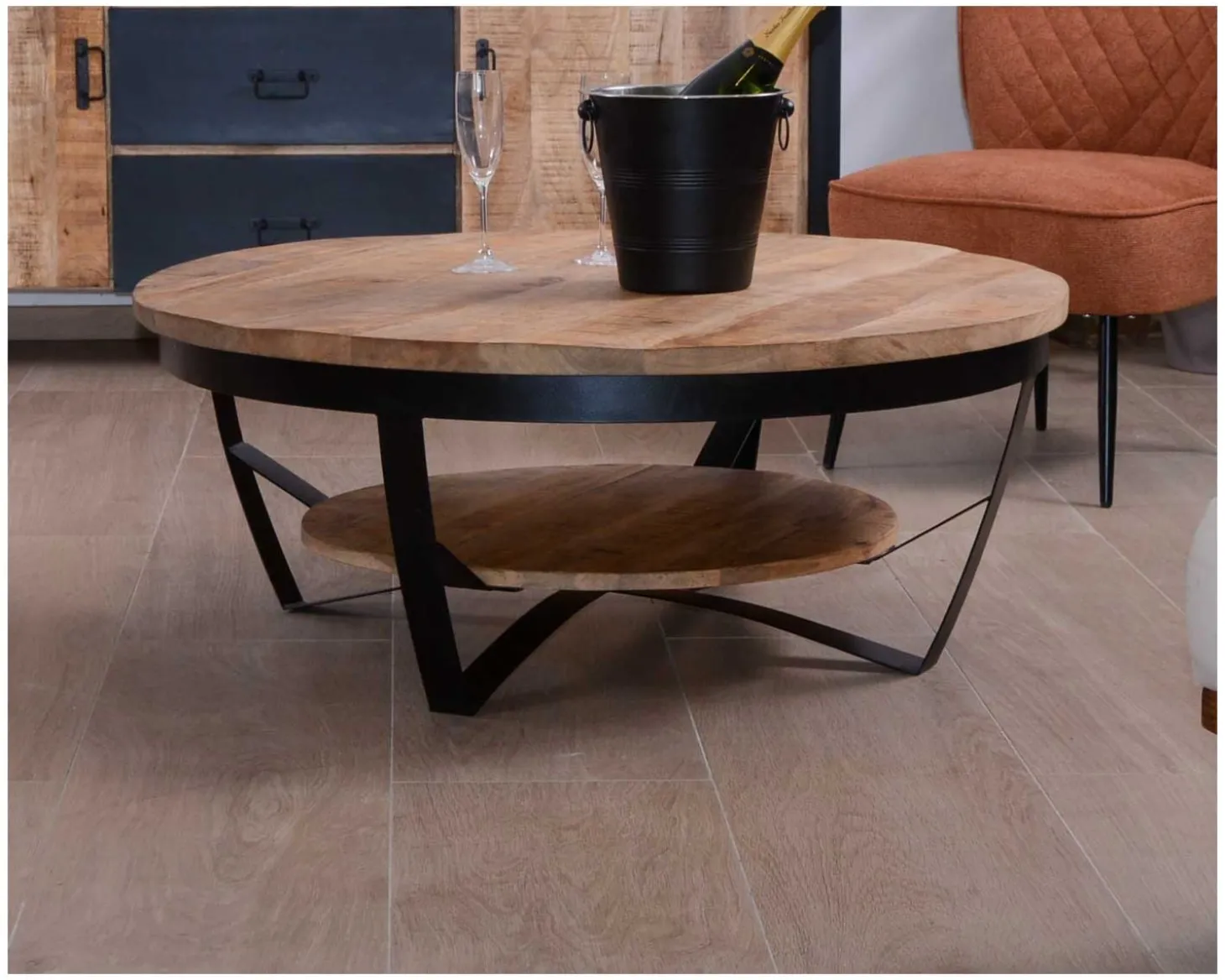 Table basse ronde en manguier massif et métal "Andy" diam. 90cm