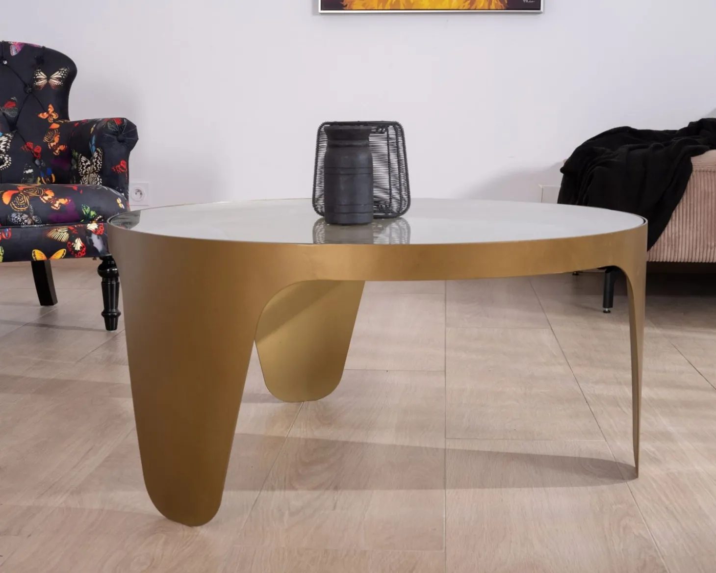 Table basse ronde laiton antique et verre "Gilt Antique"