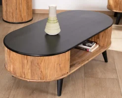 Table basse vintage design arrondi en acacia naturel et noir