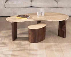 Table d'appoint design en travertin et manguier