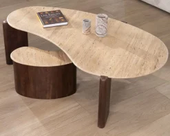 Table d'appoint design en travertin et manguier