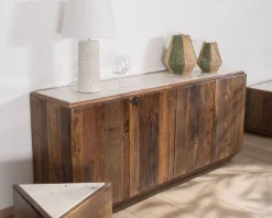 Table d'appoint triangulaire en bois recyclé et plateau marbre blanc 