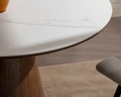 Table de repas ronde 120 cm plateau céramique blanc effet marbre