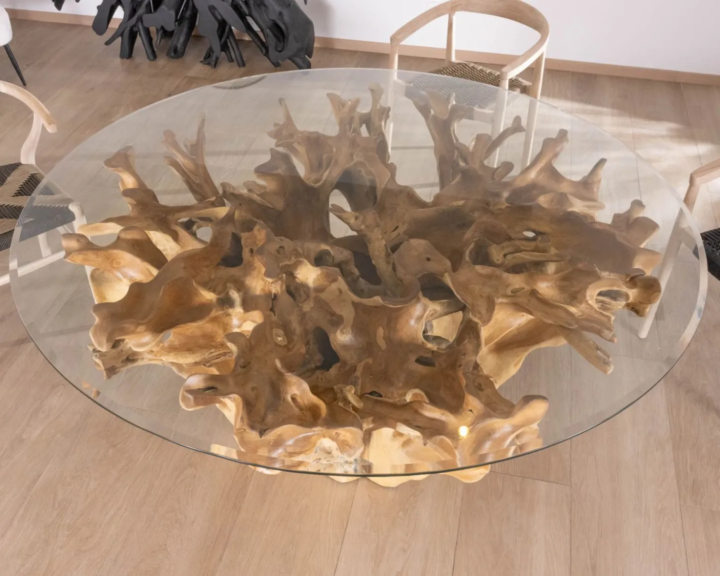 Table de repas ronde en racine de teck naturel avec plateau verre "Jungle"