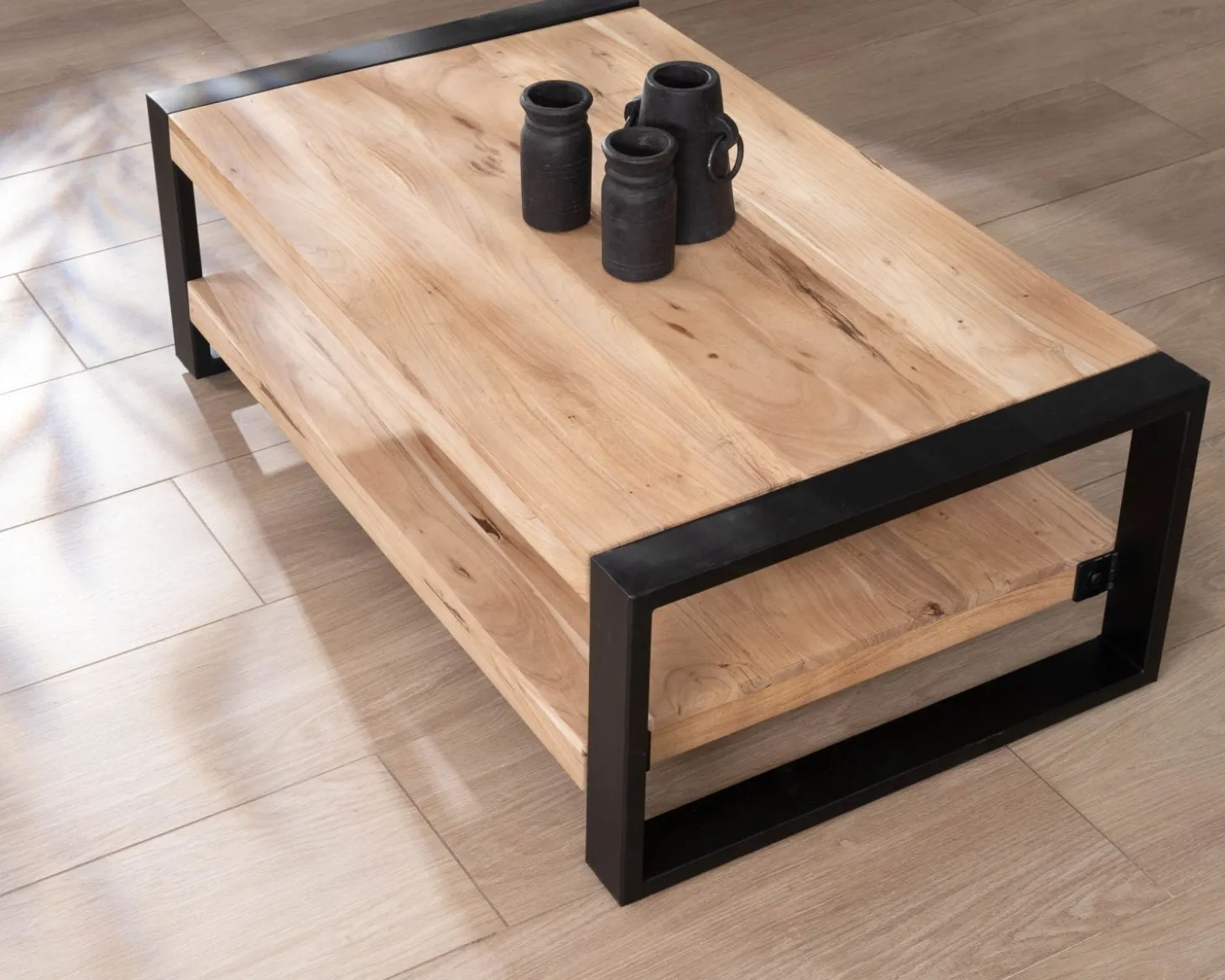 Table de salon 120 cm à double plateau métal et bois "Montréal"