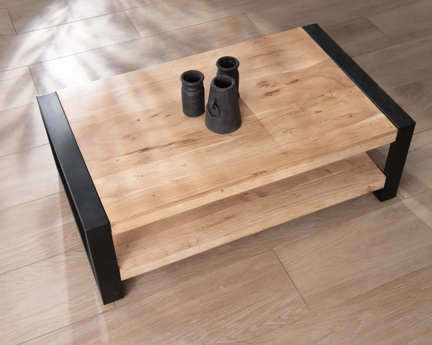 Table de salon 120 cm à double plateau métal et bois "Montréal"