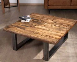 Table de salon carrée en bois recyclé naturel plateau verre et pieds U noir antique 