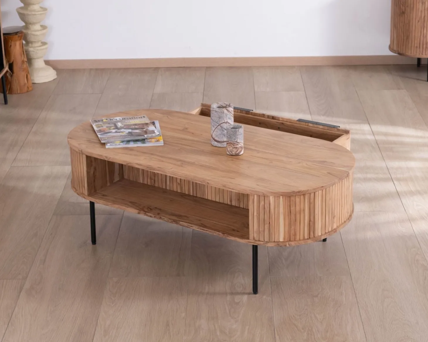 Table de salon ovale design newtro avec grand tiroir traversant "Bopee"