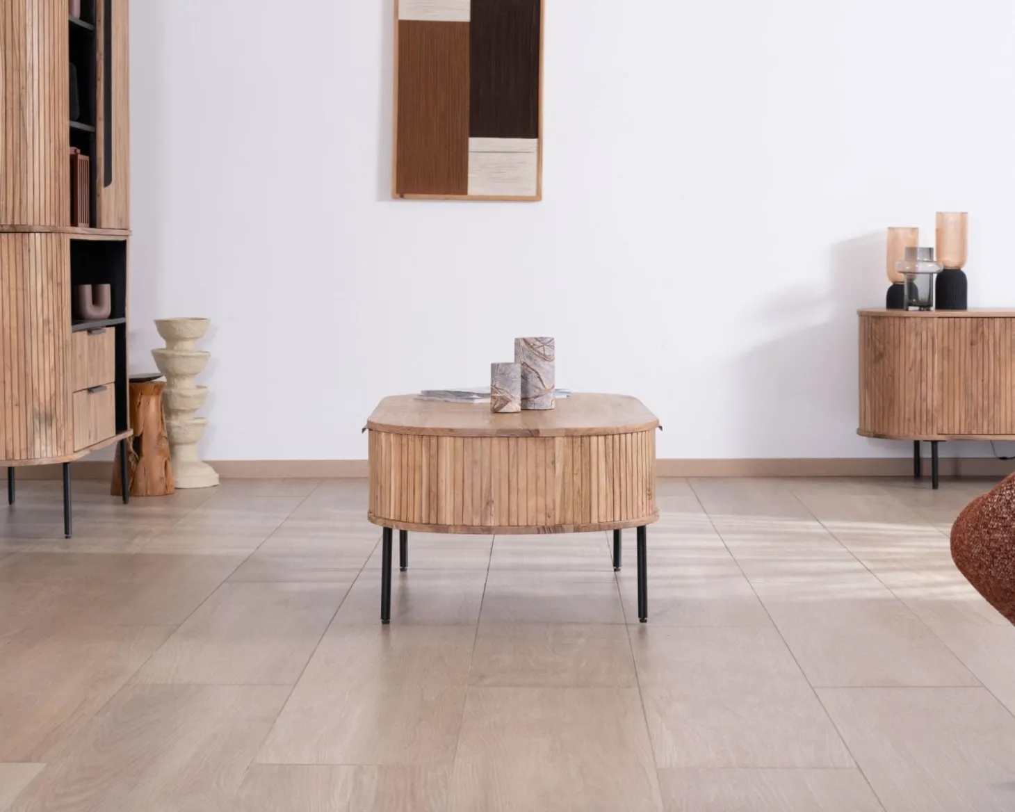 Table de salon ovale design newtro avec grand tiroir traversant "Bopee"