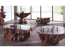 Table de salon rectangulaire racine en teck et plateau en verre "Roots"