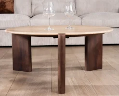 Table de salon ronde en travertin et manguier 