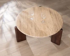 Table de salon ronde en travertin et manguier 