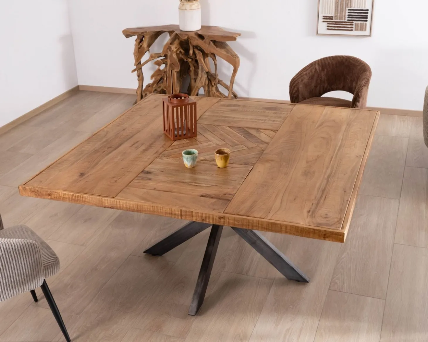 Table design carrée métal et bois massif "Bronx" 130x130cm
