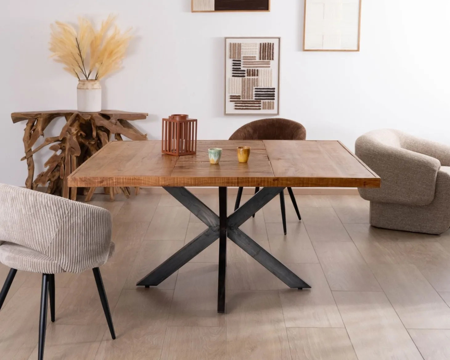Table design carrée métal et bois massif "Bronx" 130x130cm