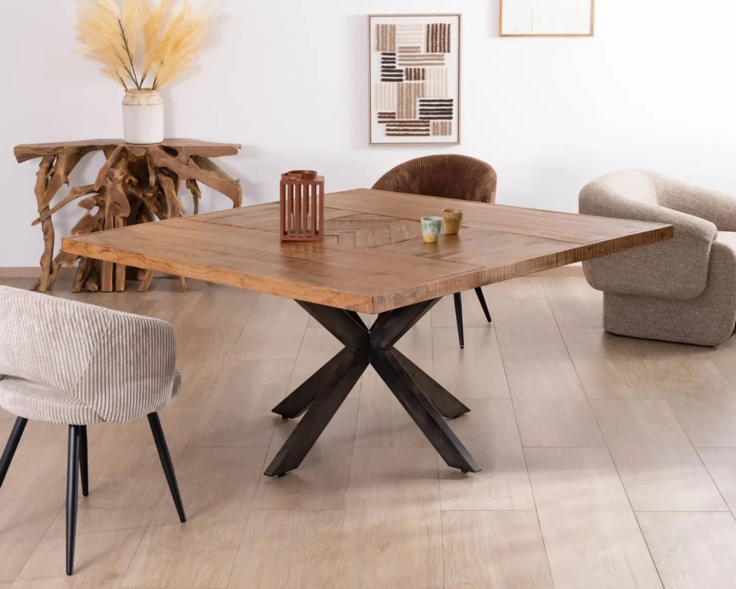 Table design carrée métal et bois massif "Bronx" 130x130cm