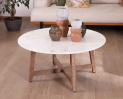 Table ronde marbre 90 cm avec pieds obliques en manguier massif 